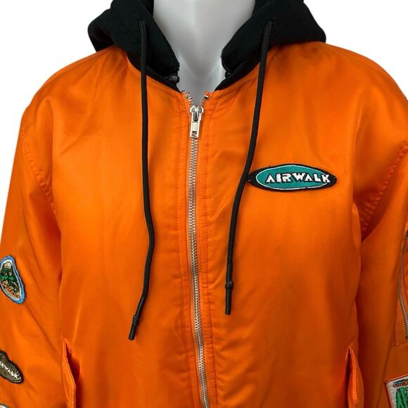 Forever 21 Airwalk Orange Patchworks Full Zip Hooded Bomber Coat Jacket Size S - Picture 3 of 7